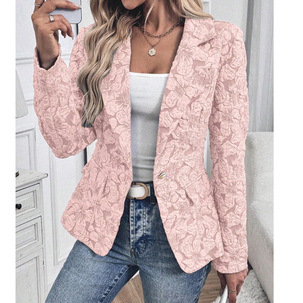 Classic Floral Textured Button Minimalist Blazer